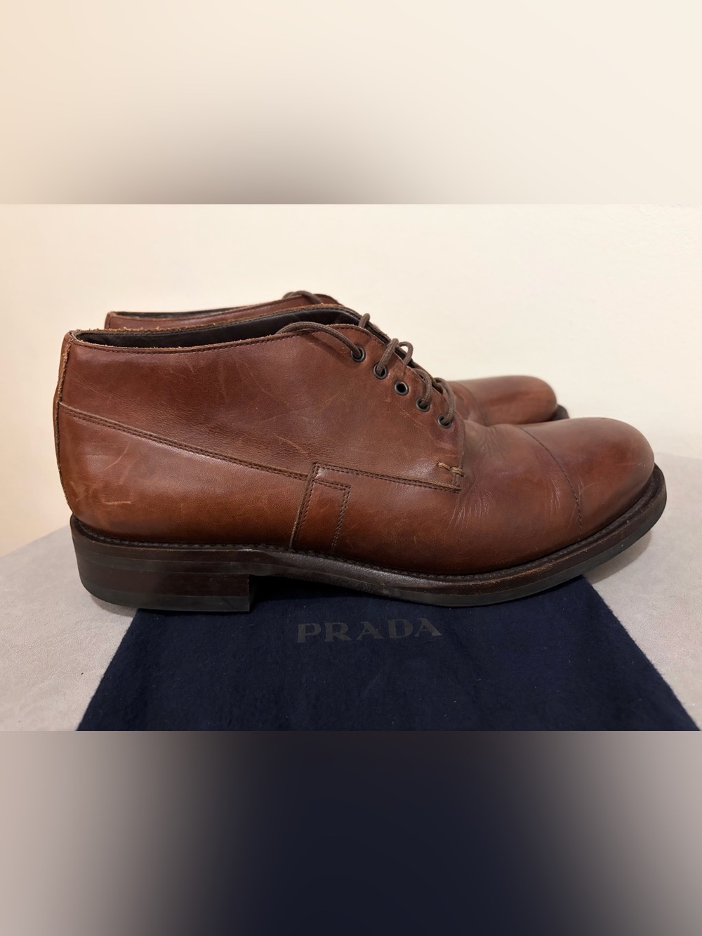 Vintage Prada Men’s Brown Leather Chukka Boots with Lace-Up Size: 8.5